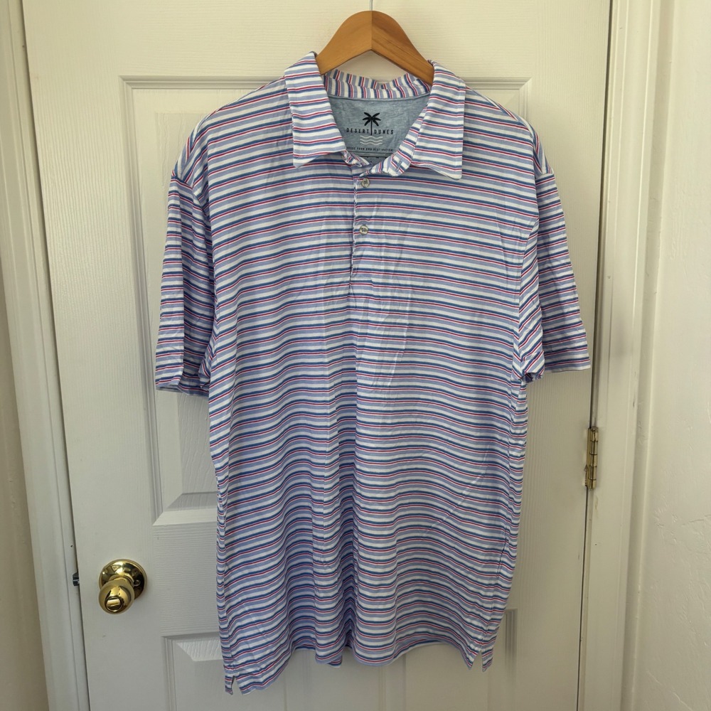 Desert Dunes Mens XXL Polo Shirt Blue Red Striped Short Sleeve Casual Golf Top